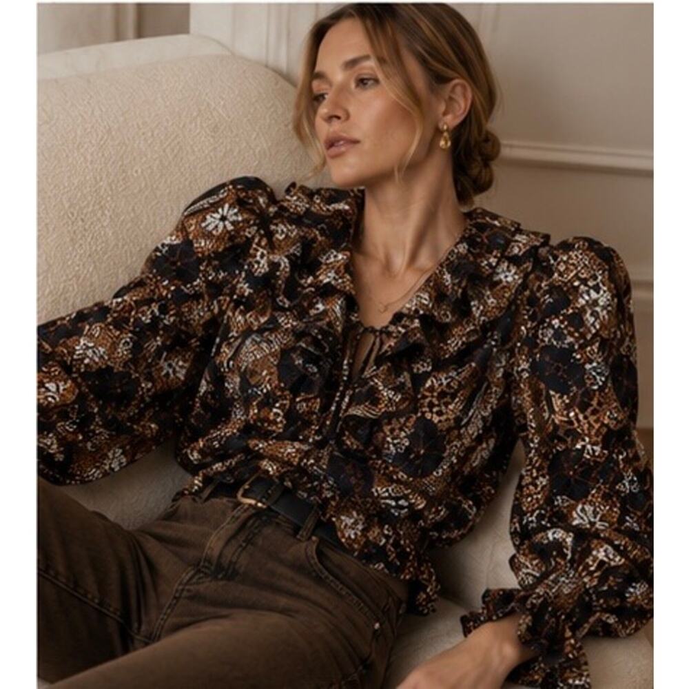 NWT Ulla Johnson Kalila Bronze Ruffle Peplum Cotton Blouse Size 6 - Picture 3 of 10